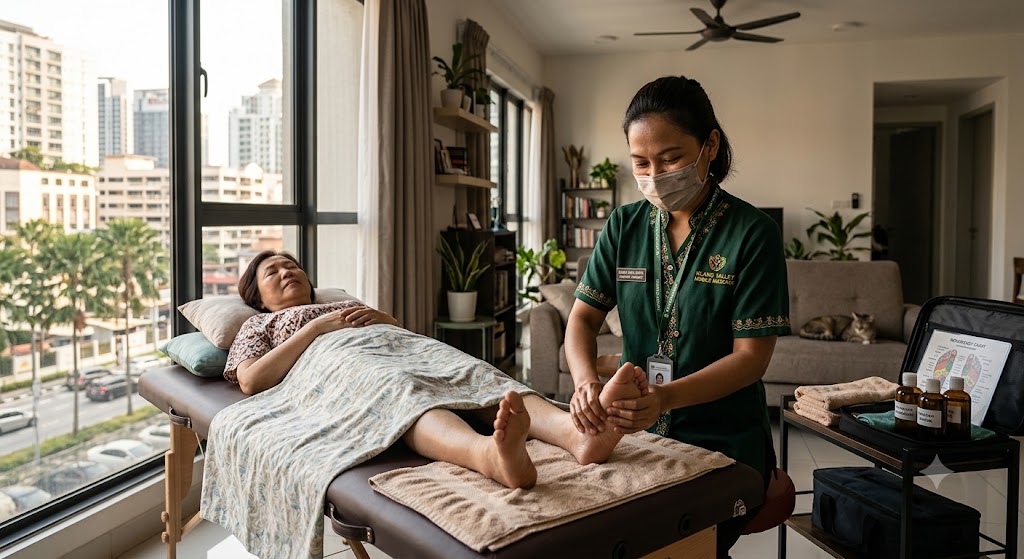Certified therapist performing a mobile home massage and reflexology session in Klang Valley Malaysia — Service Pro Wellness Hub massage pillar expanding Selangor Kuala Lumpur