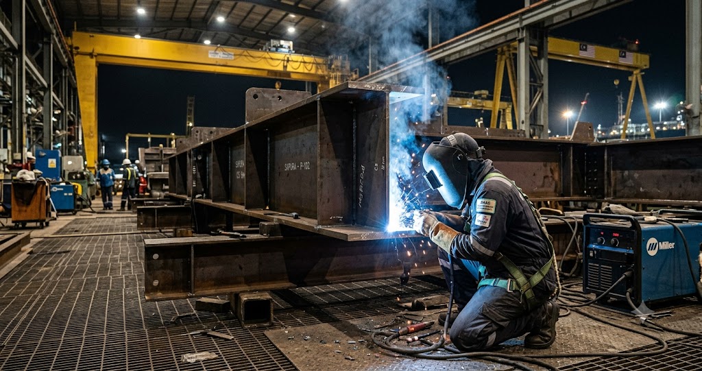 Certified welder performing structural fabrication work at a Malaysian heavy industry facility