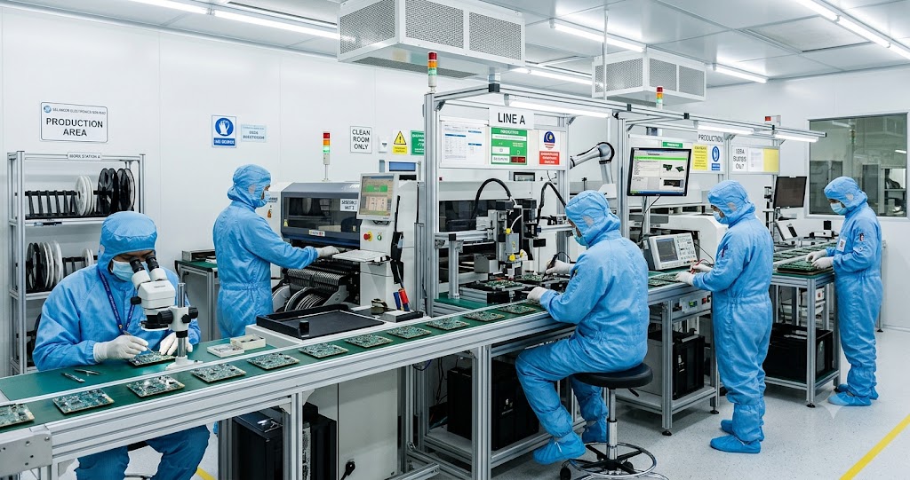 clean room operators on an electronics assembly line in selangor