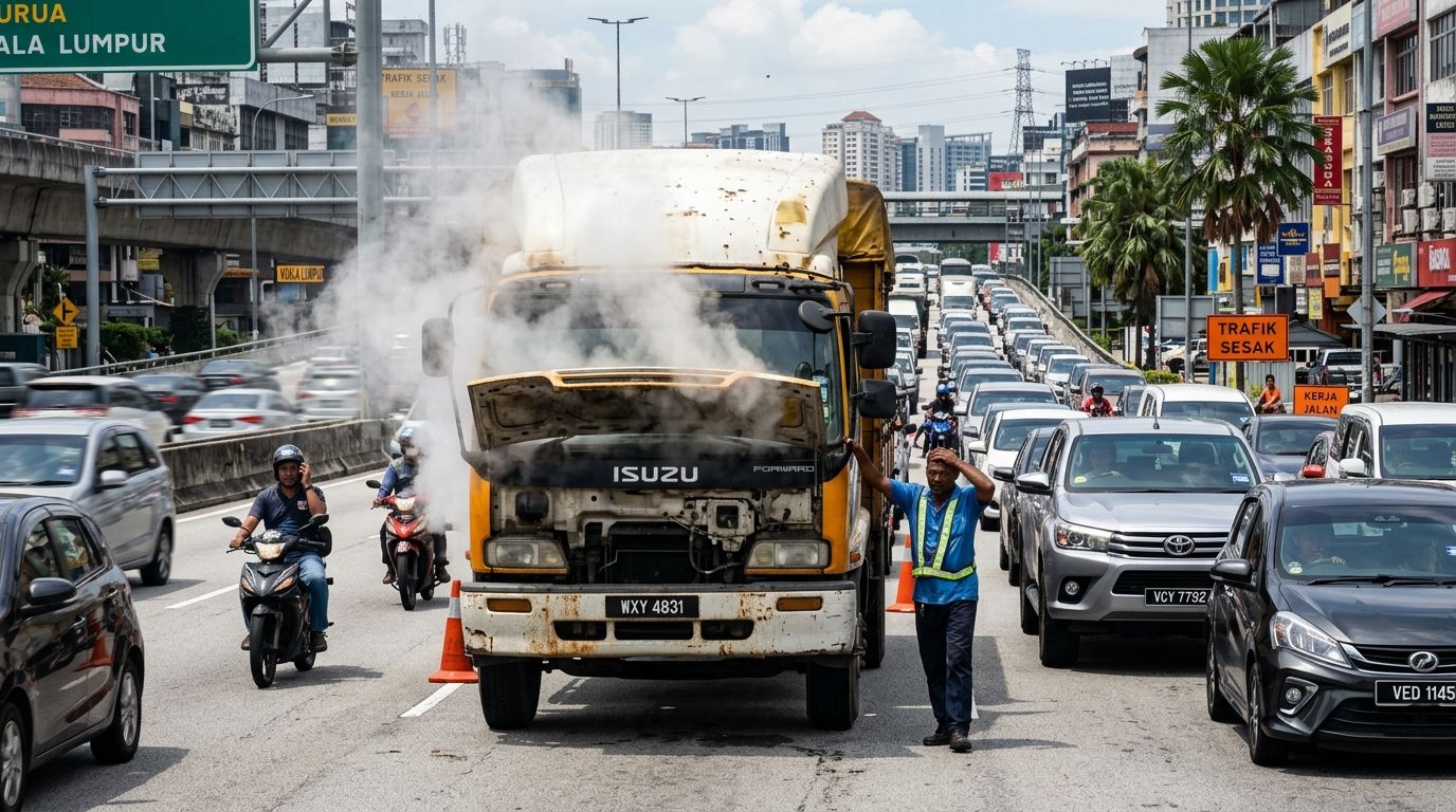 A commercial lorry broken down and overheating with steam coming from the hood, stuck in heavy traffic