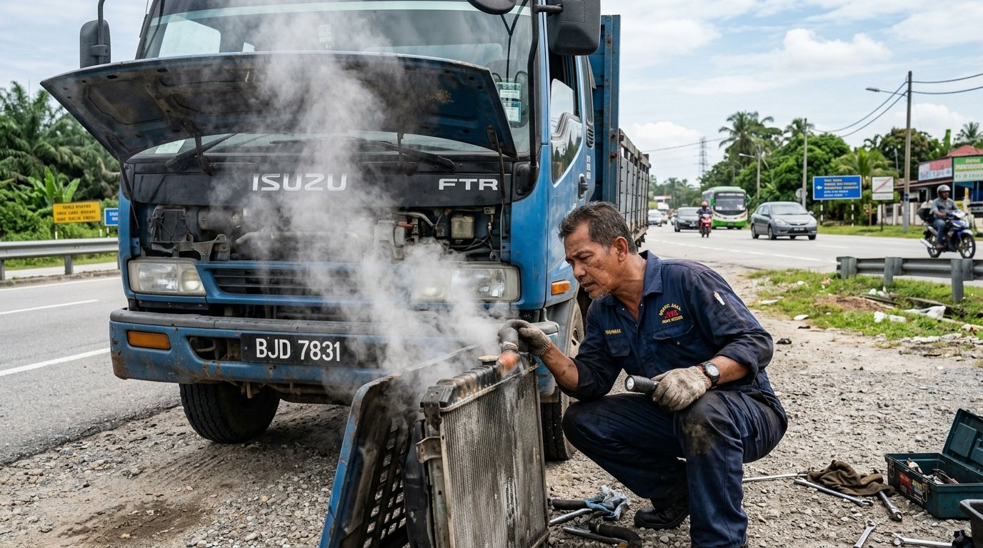 Roadside mechanic inspecting a smoking, overheated radiator on a commercial lorry