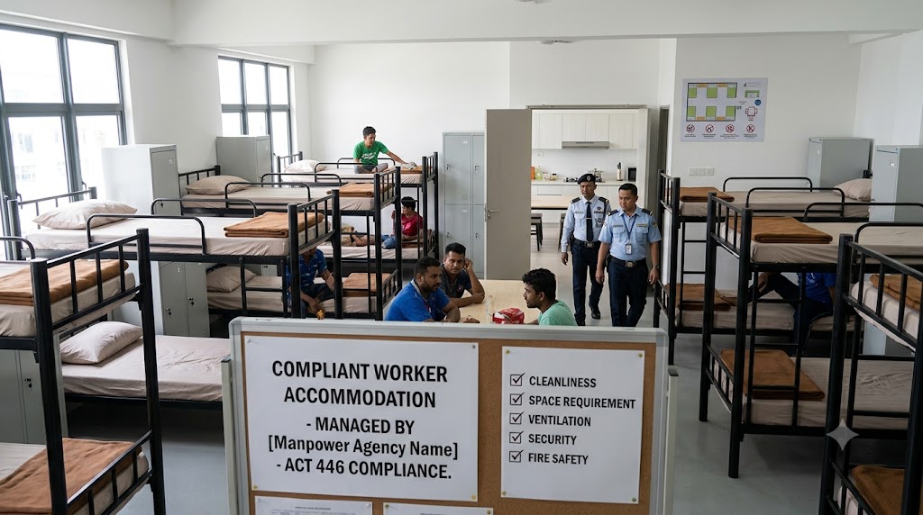 Compliant worker hostel accommodation managed by a manpower agency in Malaysia