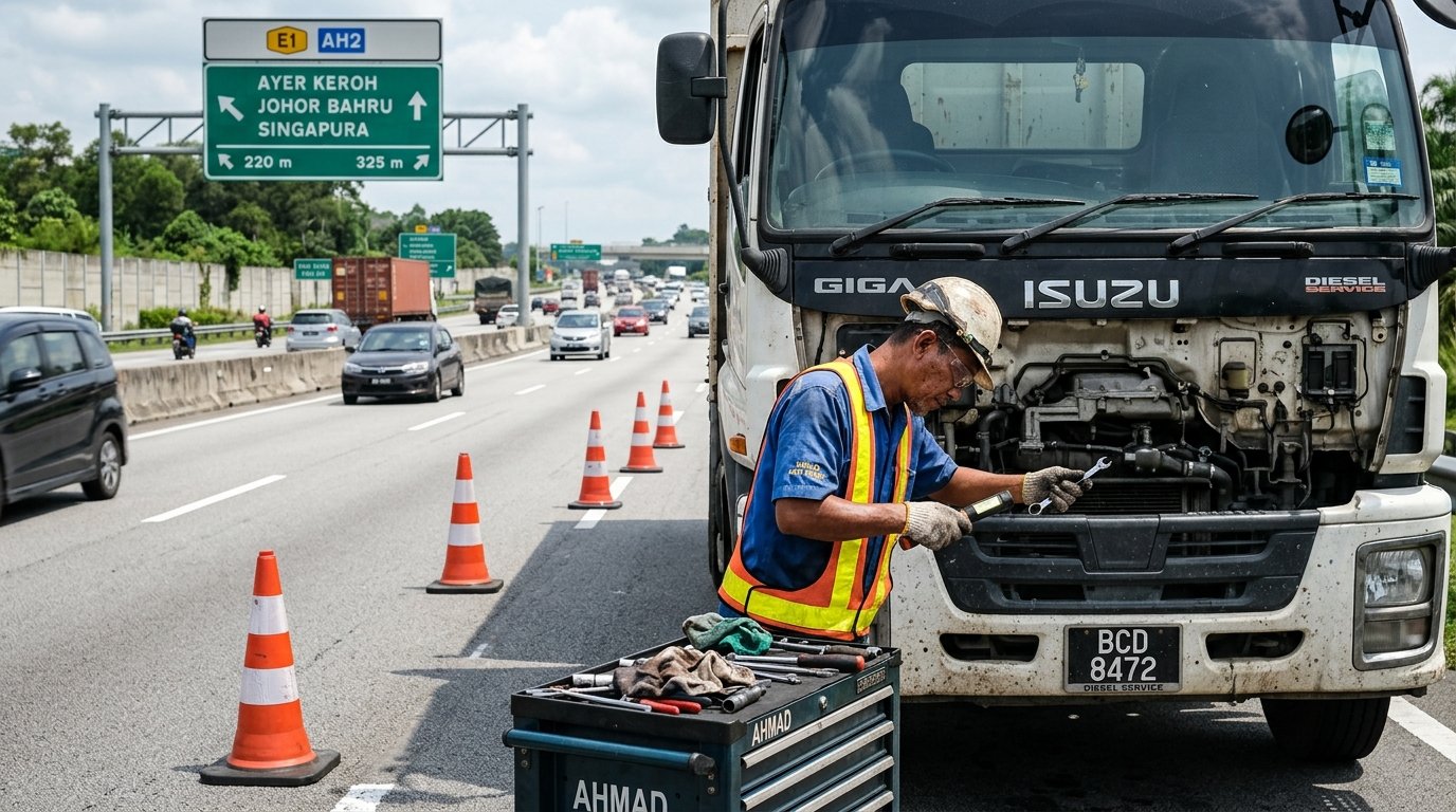 Diesel mechanic working under the hood of a broken down lorry on a highway