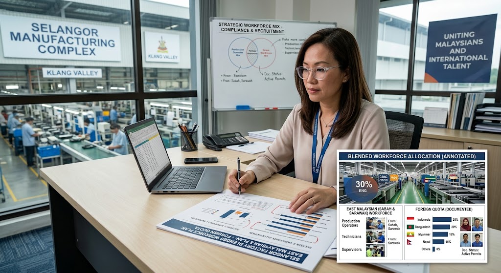 HR manager reviewing a blended East Malaysian and foreign quota workforce plan for a Selangor factory