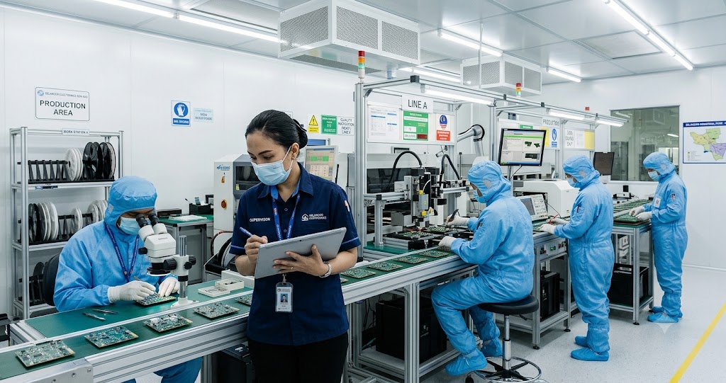 Electronics manufacturer production line supervisor reviewing output in Selangor