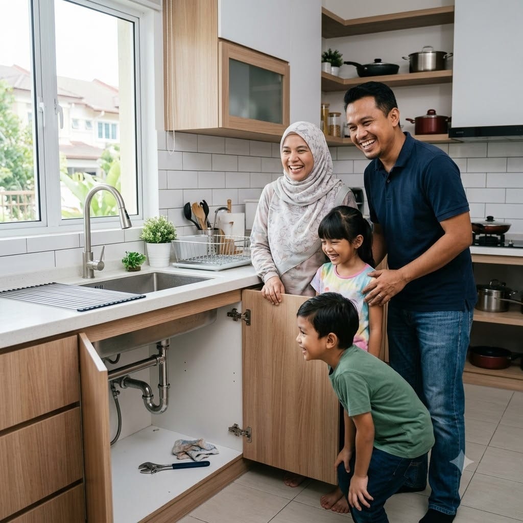 Professional plumbing service in Subang Jaya — technician arriving at Malaysian home