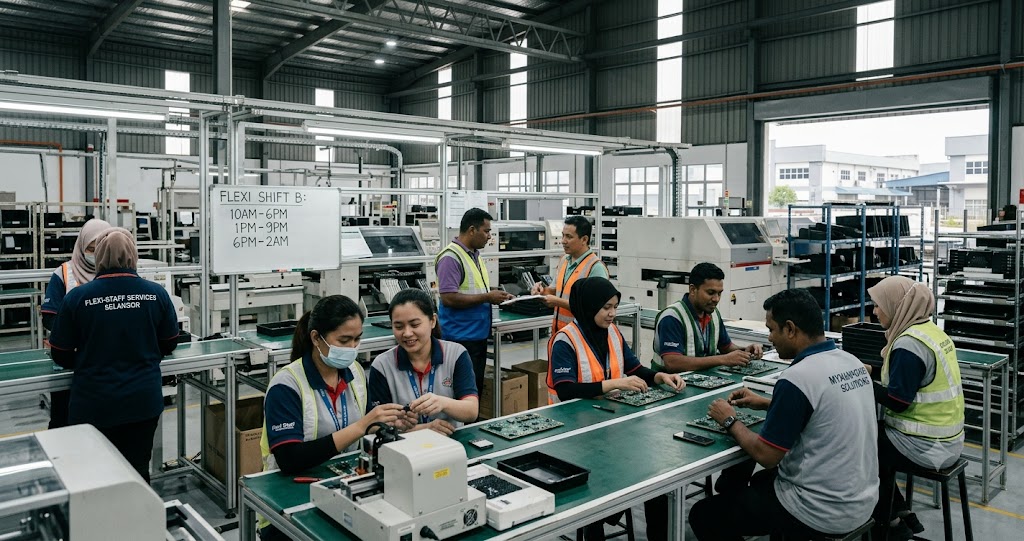 factory manpower and operators working a flexible contract shift in selangor