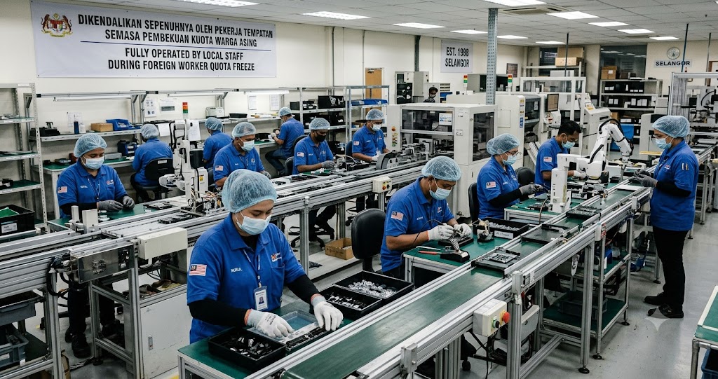 Factory operators on a Selangor production line staffed during a foreign worker quota freeze