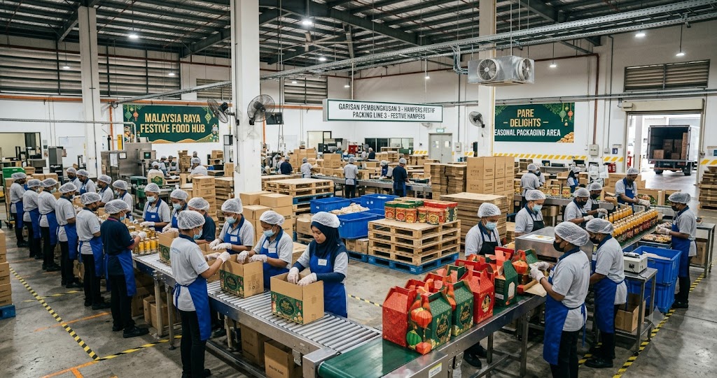 General workers packing festive food products on an assembly line in Malaysia