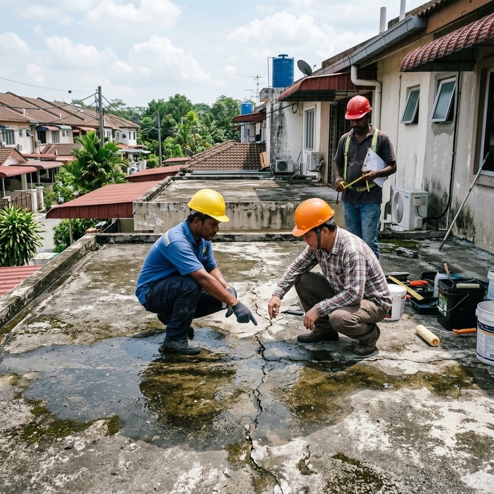 Waterproofing crew inspecting a leaking concrete roof slab on a Shah Alam house