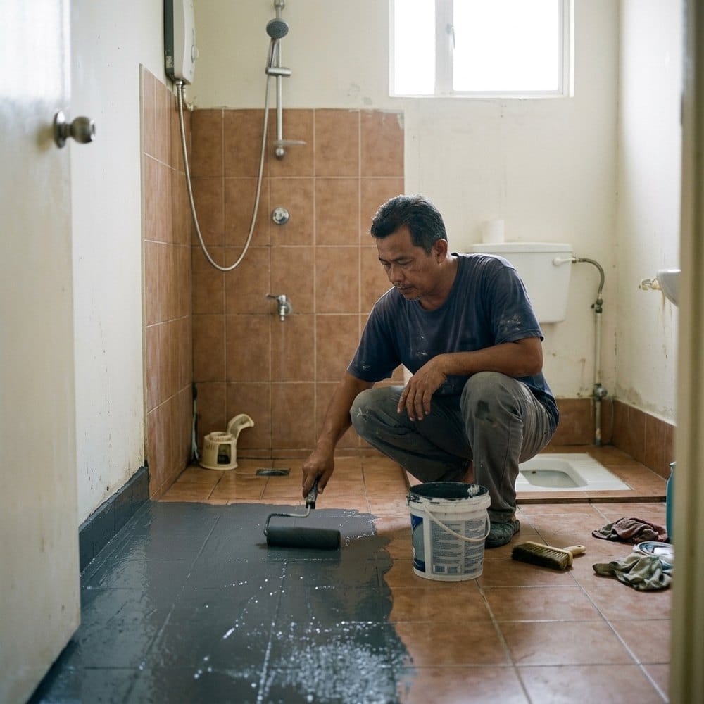 Bathroom floor being waterproofed without removing the existing tiles