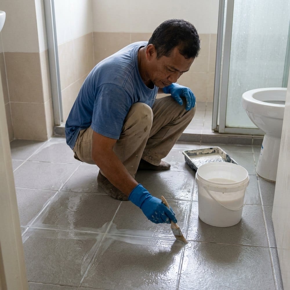 Bathroom floor in a Shah Alam condo being waterproofed without breaking the tiles