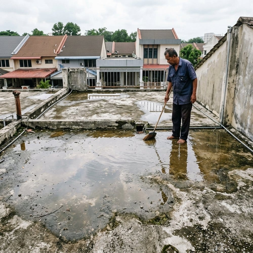 Bumbung slab konkrit rata dengan air bertakung selepas hujan