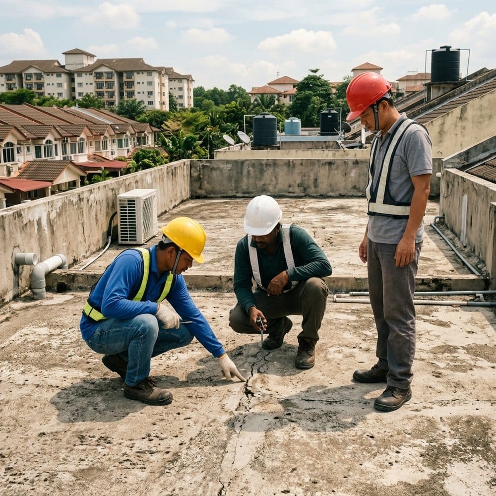EI Sdn Bhd waterproofing crew inspecting a roof slab in Shah Alam