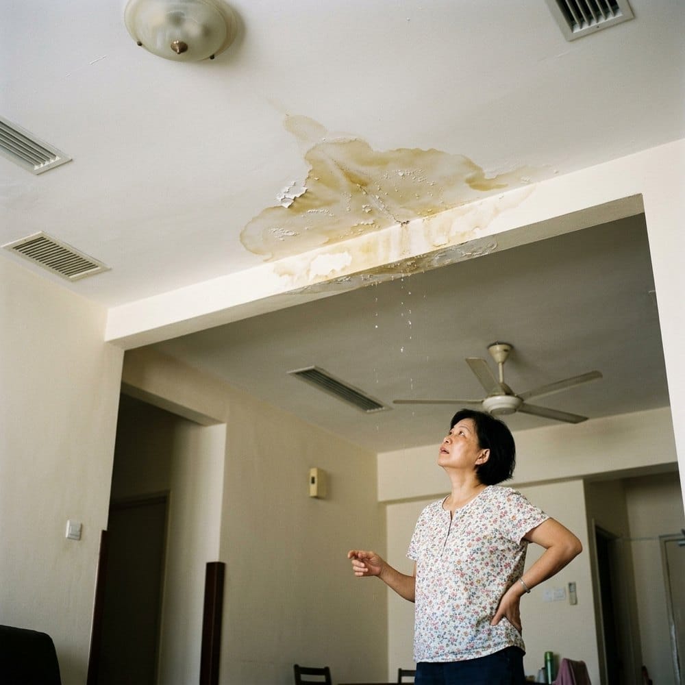 Water stain spreading on a condo ceiling below an upstairs bathroom