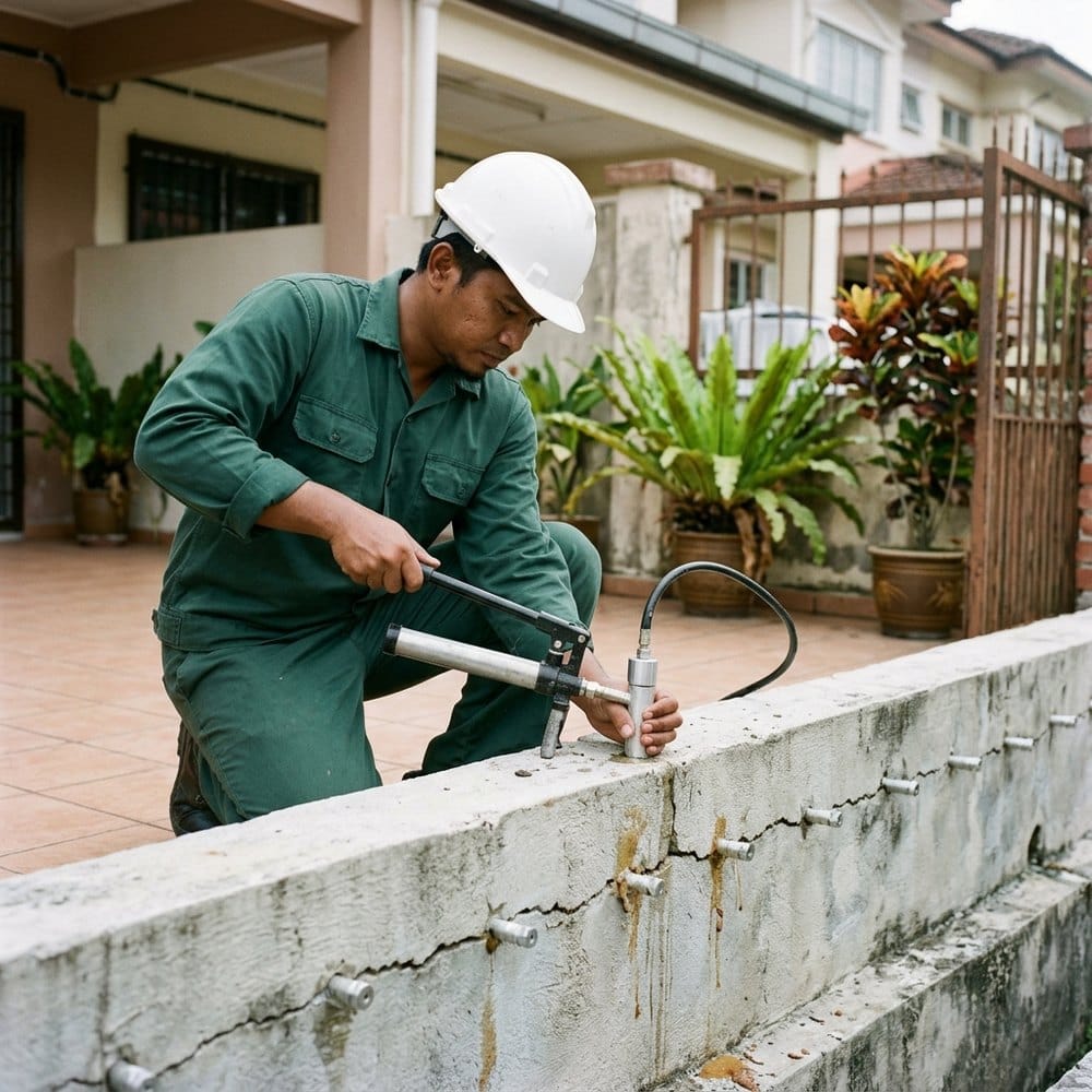 Technician injecting PU resin into a concrete crack through injection packers