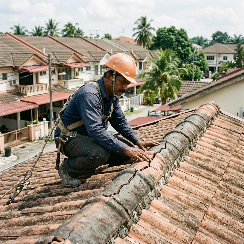 Roofer inspecting cracked ridge tiles on a terrace house roof in Shah Alam