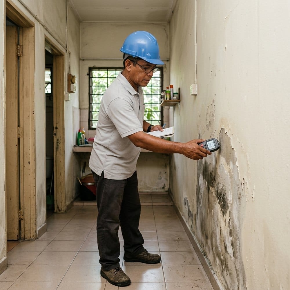 Inspector reading a moisture meter against a damp wall in a Shah Alam house