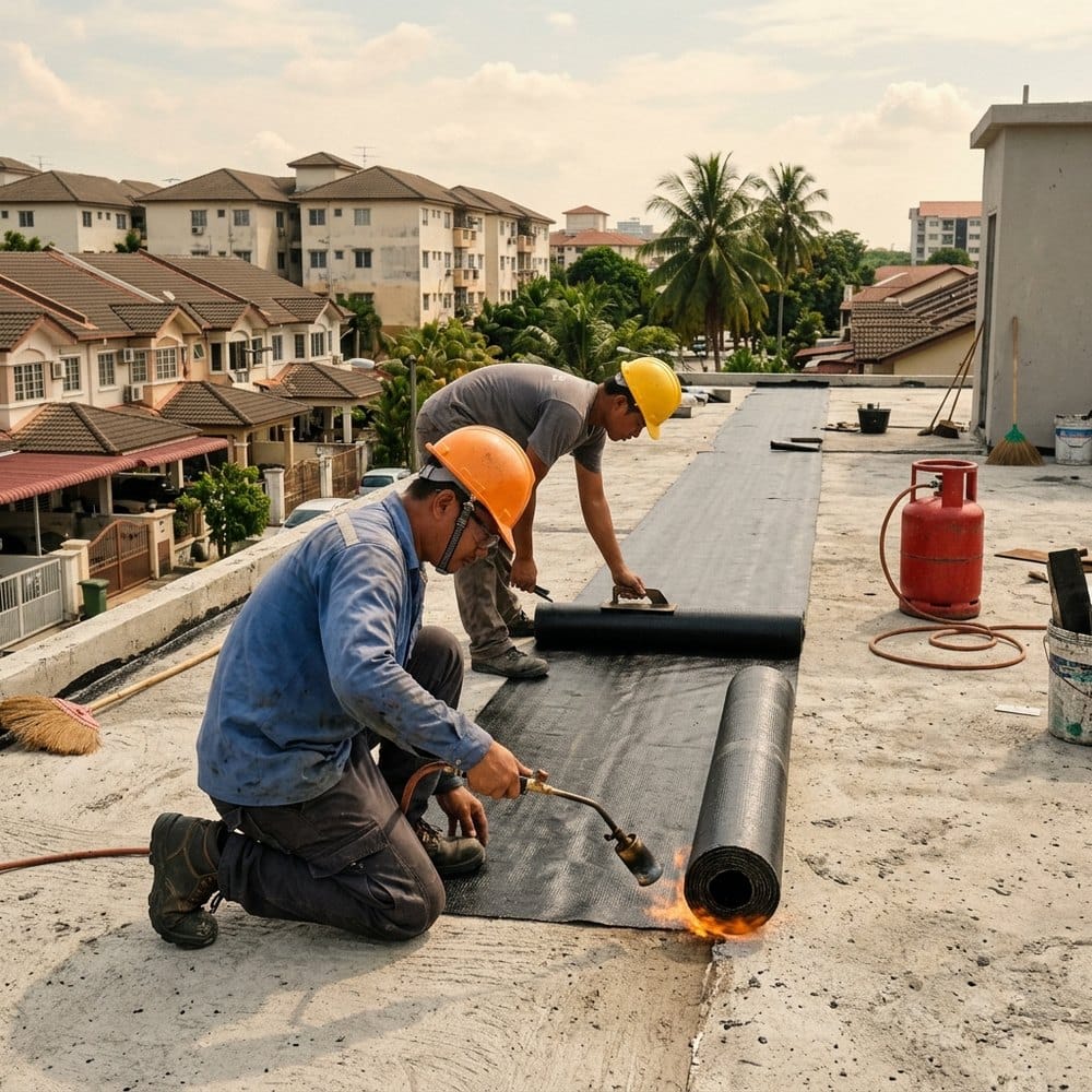 Torch-on membrane being laid on a flat concrete roof slab