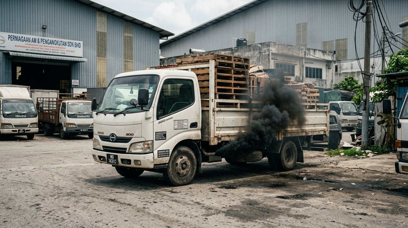 Close up of a heavy duty diesel fuel injector being cleaned on a test bench by a Malaysian mechanic