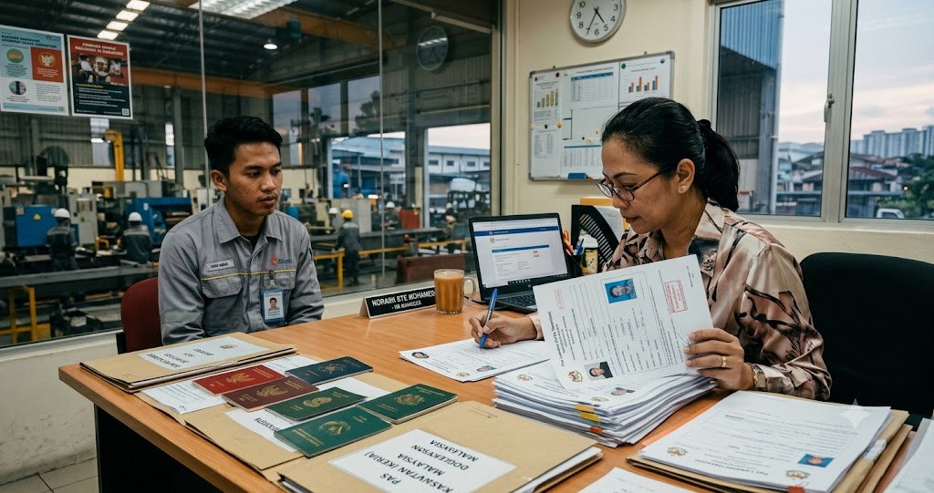 hr manager reviewing foreign worker permit paperwork in malaysia