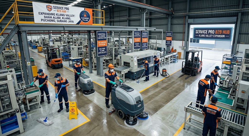 Industrial cleaning contractor servicing a factory floor in Selangor Malaysia — Service Pro B2B Hub cleaning pillar expanding Klang Valley
