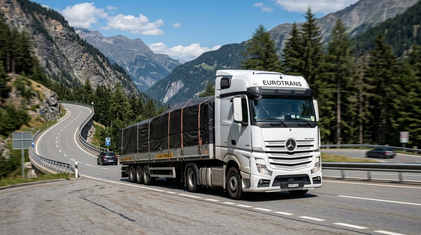 A white commercial lorry driving up a steep highway incline under a heavy load