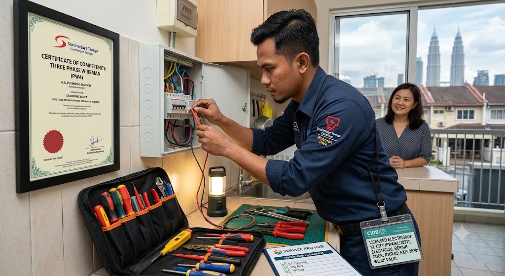 Licensed electrician performing residential wiring repair in Kuala Lumpur Malaysia — Service Pro Home Service Hub electrical pillar expanding Selangor KL