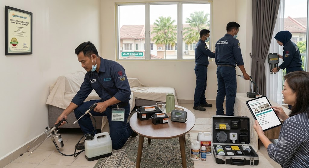 Licensed pest control technician performing residential termite and rodent treatment in Cheras Malaysia — Service Pro Home Service Hub pest control pillar expanding Klang Valley