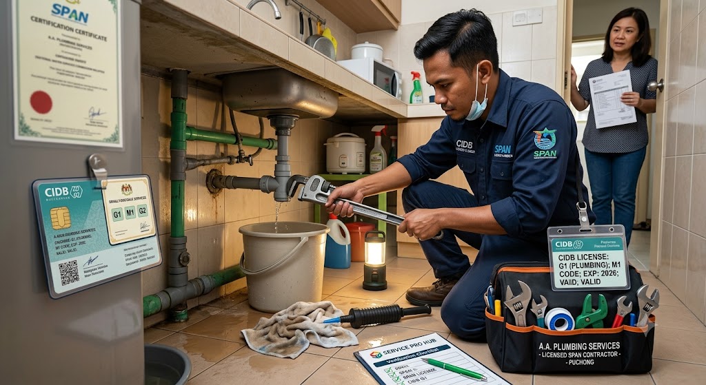 Licensed plumber performing emergency pipe repair in a Klang Valley home Malaysia — Service Pro Home Service Hub plumbing pillar expanding Selangor Kuala Lumpur