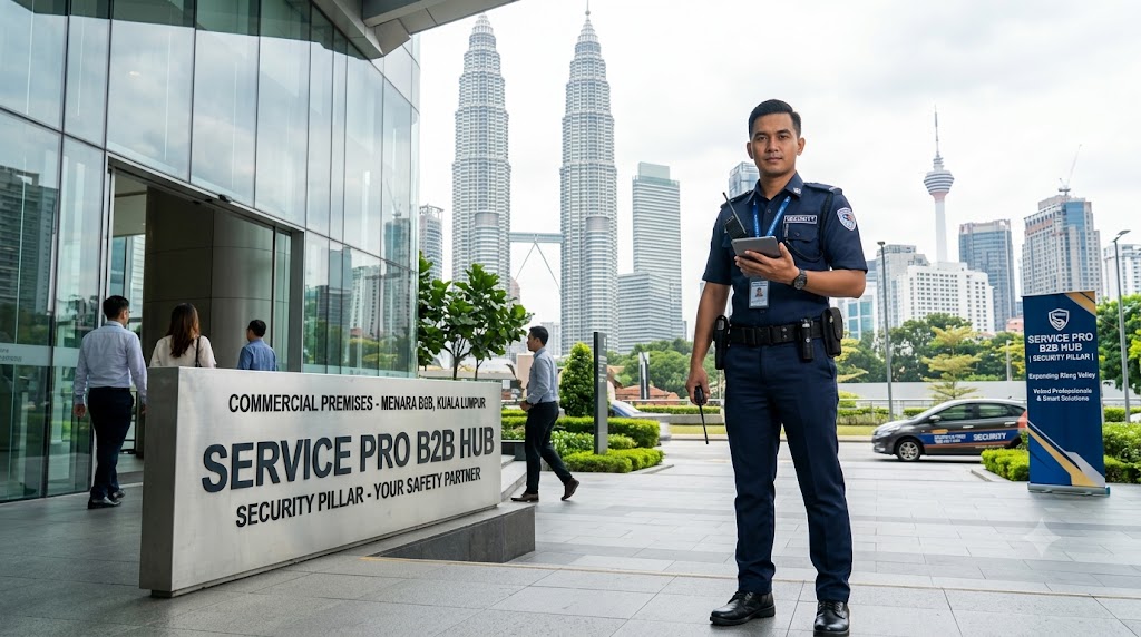 Licensed security guard supplied to a commercial premises in Kuala Lumpur Malaysia — Service Pro B2B Hub security pillar expanding Klang Valley