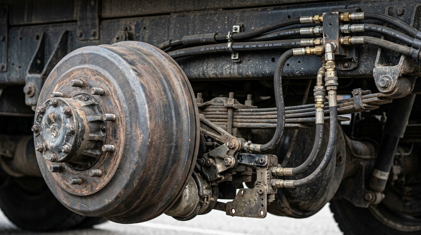 Close up of a heavy duty commercial lorry's air brake drum and pneumatic hoses