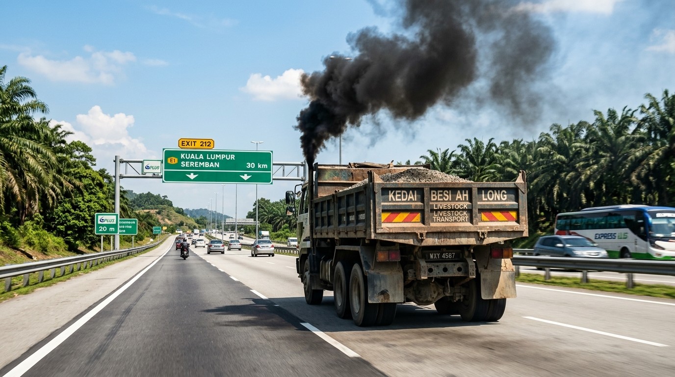 Heavy duty commercial lorry emitting thick black smoke from its vertical exhaust pipe on a highway