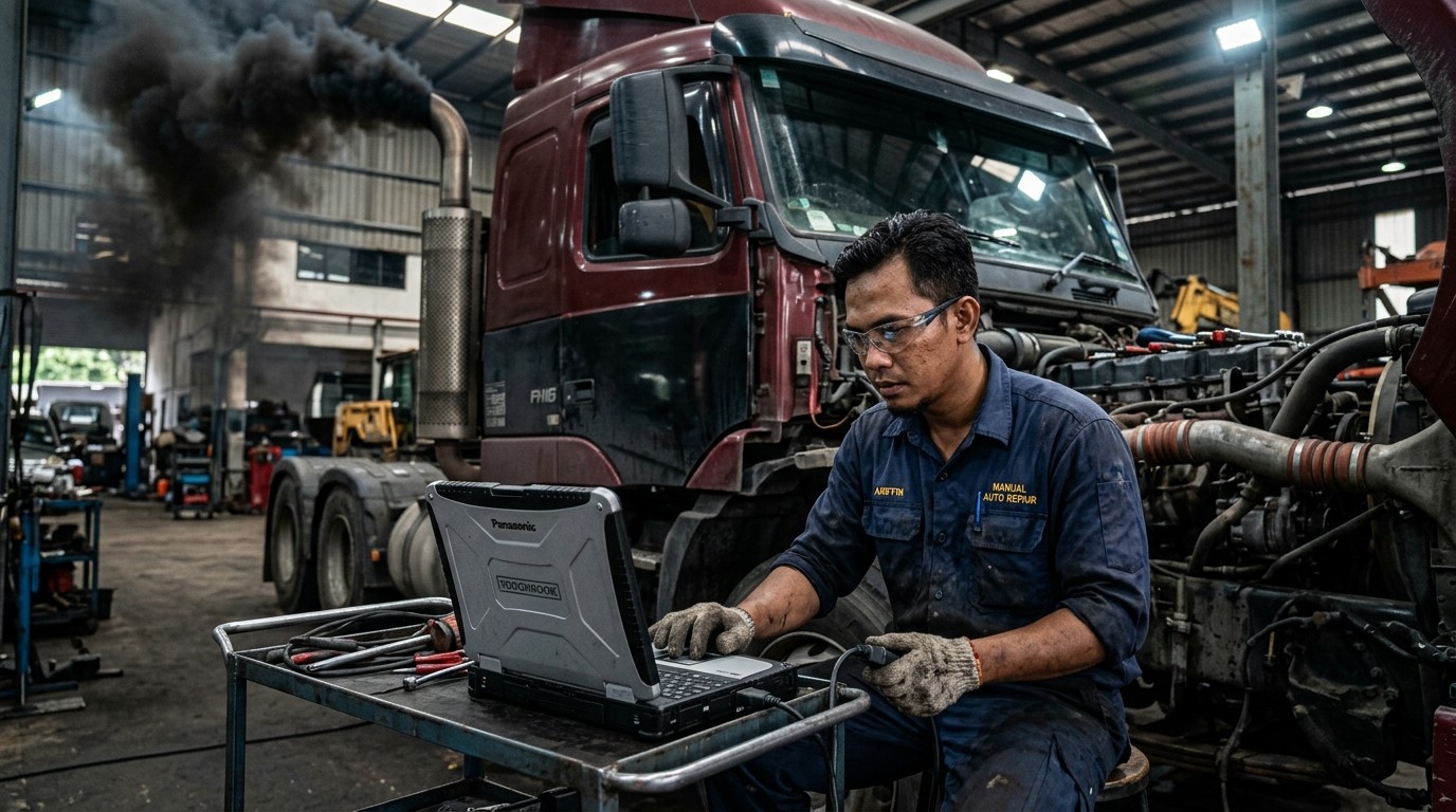 Diesel mechanic using a laptop to run a computerized diagnostic scan on a commercial lorry engine