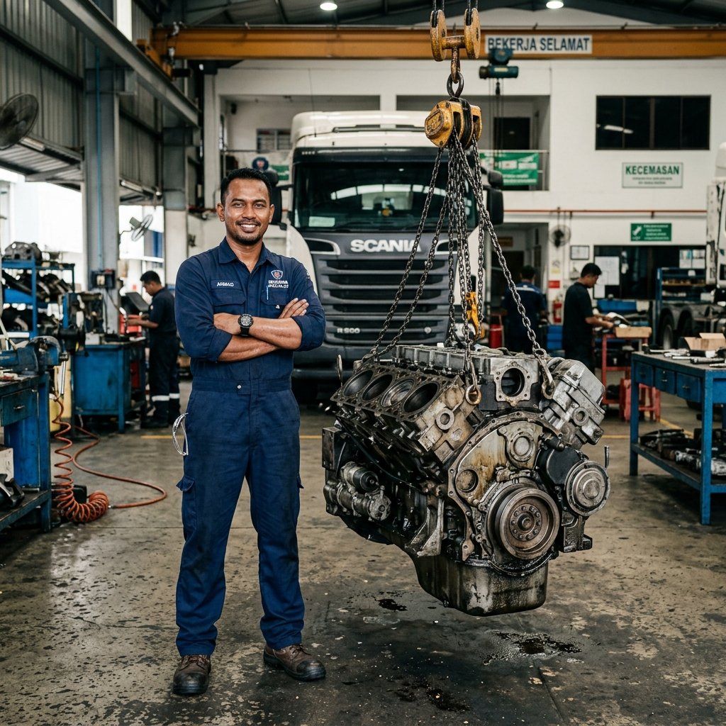 Heavy duty diesel lorry engine being repaired in a modern industrial workshop