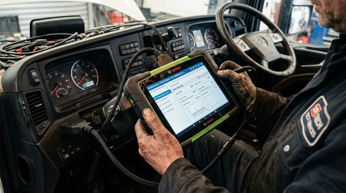 Mechanic using a computerized diagnostic scanner on a commercial lorry