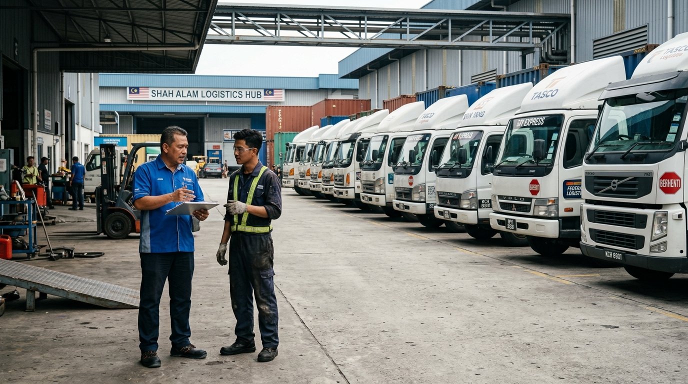 A line of commercial delivery lorries parked at a logistics depot in Malaysia