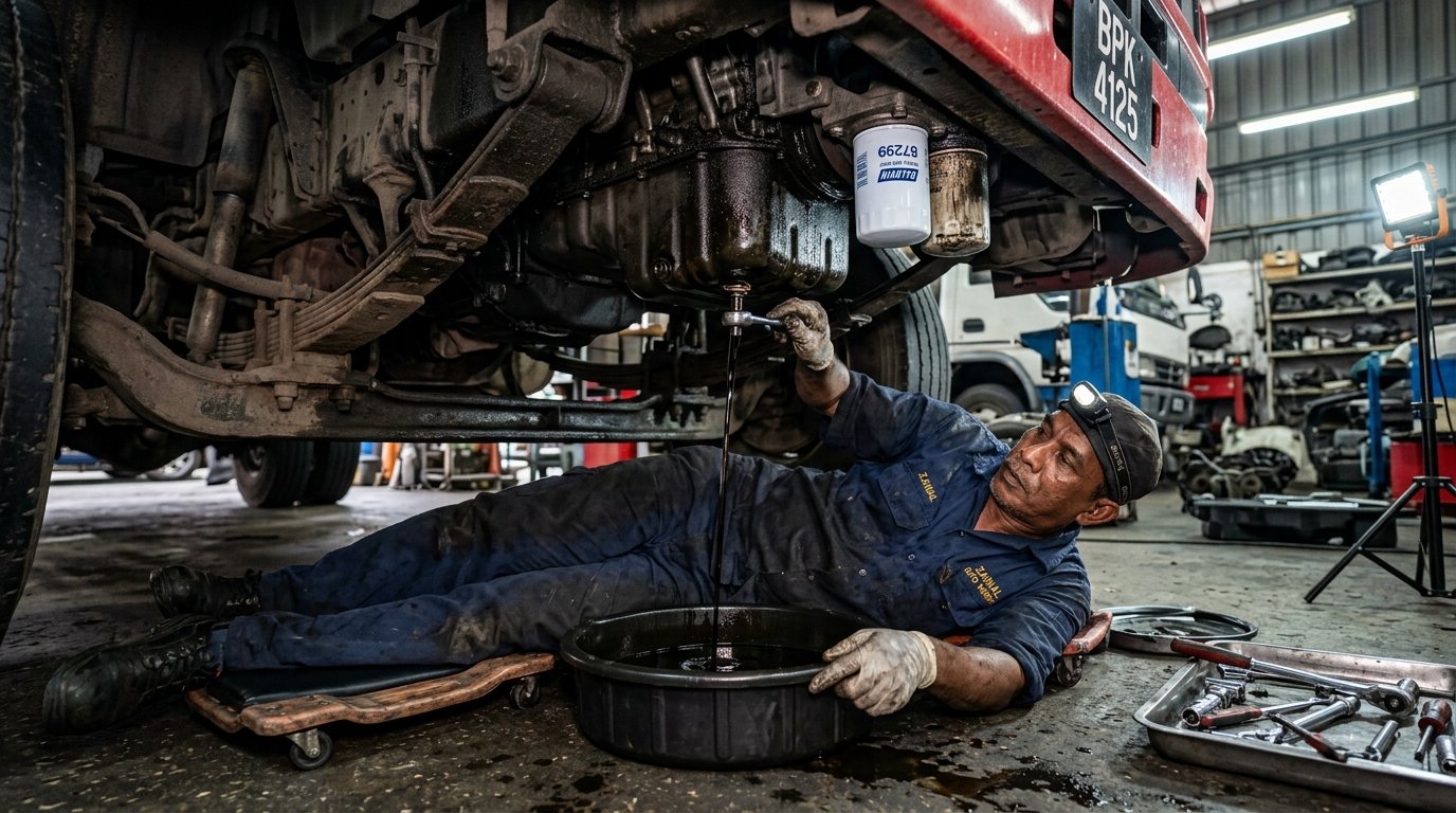 A mechanic changing the oil and filters on a heavy duty commercial lorry