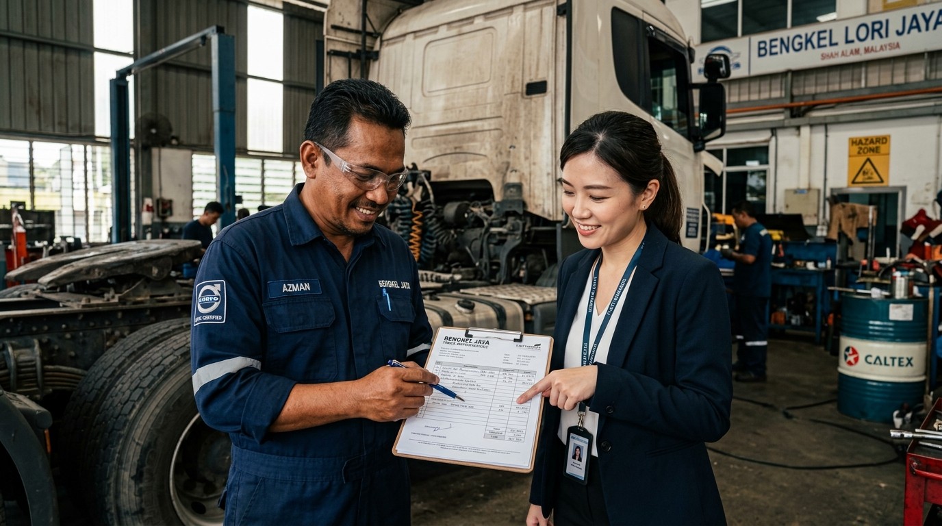 Certified Malaysian diesel mechanic explaining a repair invoice to a logistics fleet manager