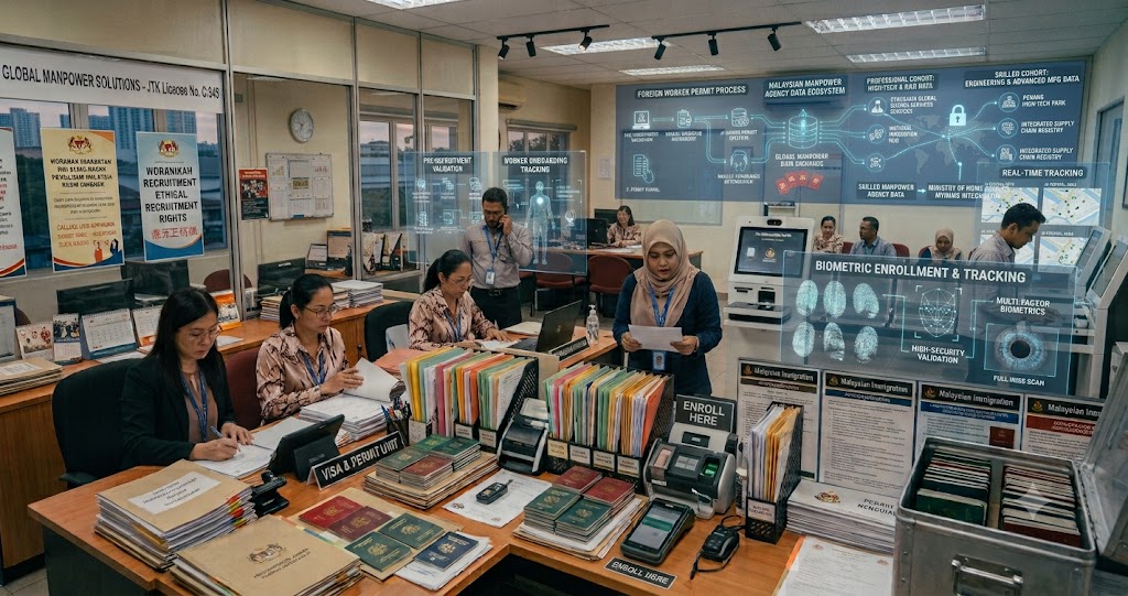Manpower agency staff handling foreign worker permit and visa documents in Malaysia