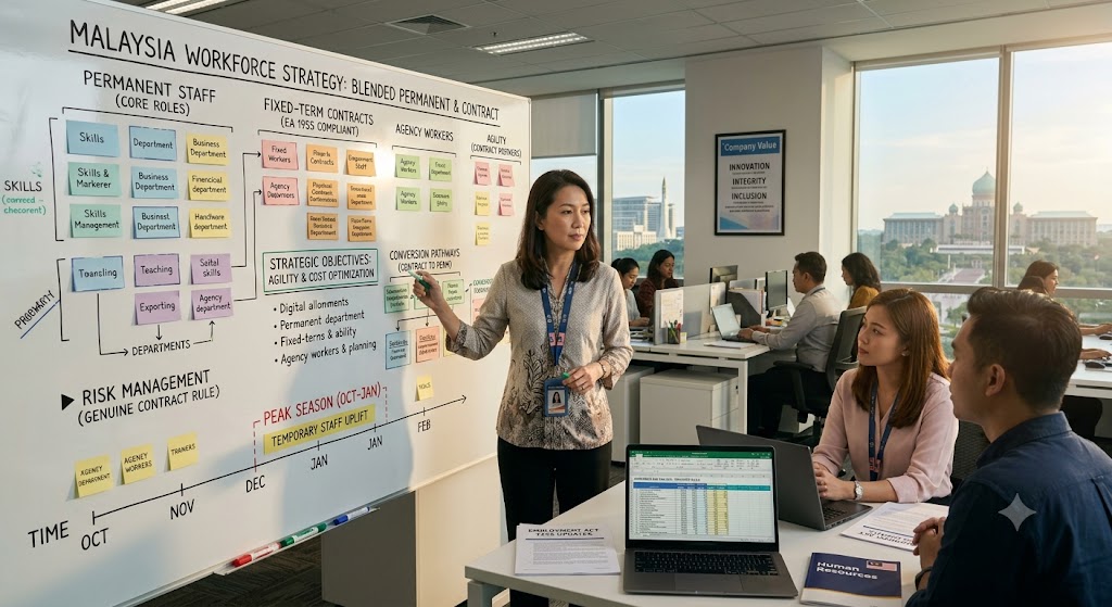 Operations manager planning a blended contract and permanent workforce strategy in Malaysia