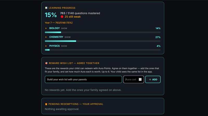 Aura Tycoon Parent Portal dashboard showing a child's progress, Aura balance, and a pending reward approval