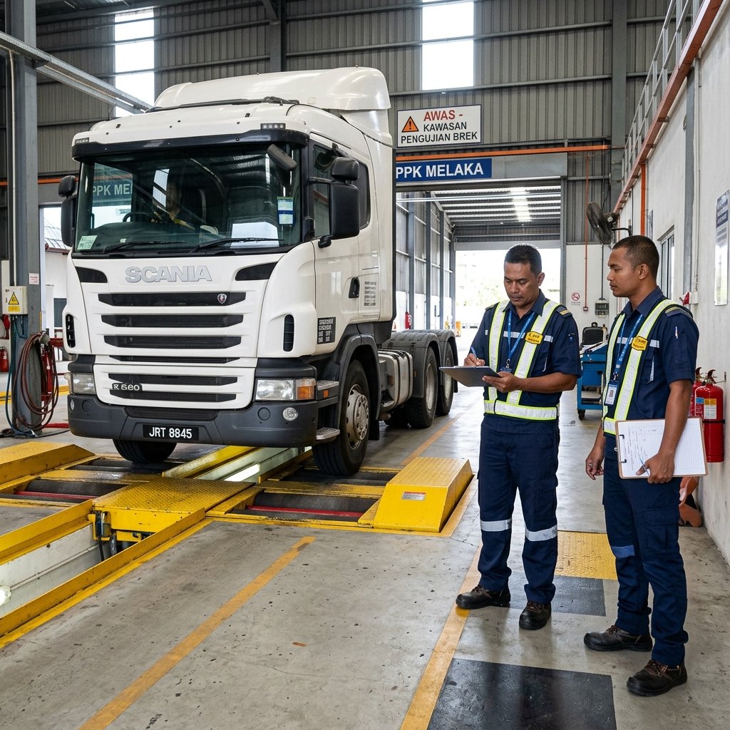 Commercial lorry driving into a brightly lit PUSPAKOM vehicle inspection bay