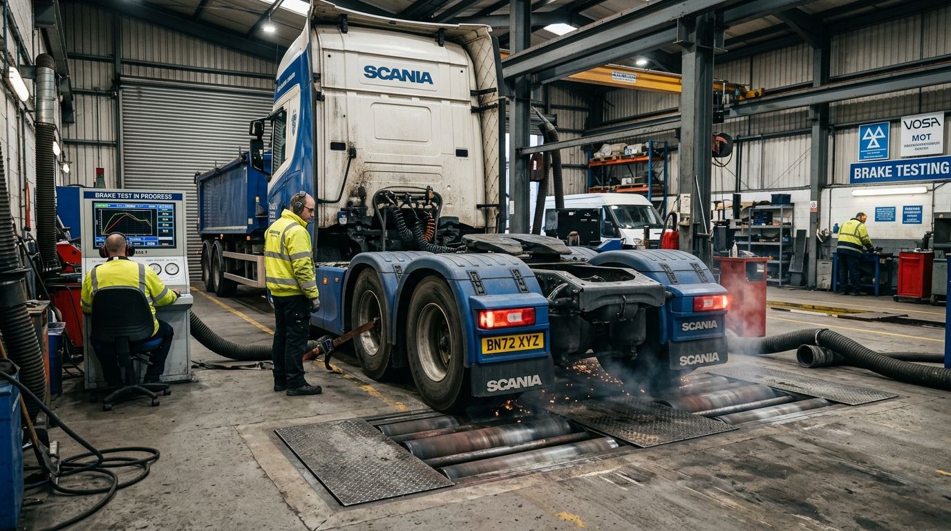 Heavy duty lorry on a mechanical brake testing roller inside an inspection center