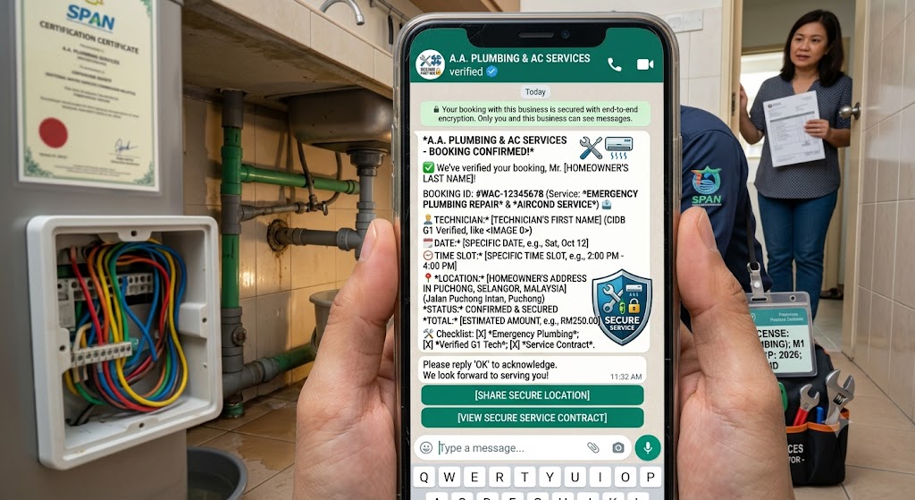 Secure WhatsApp home service booking confirmation for a plumber or aircond technician in Malaysia — Service Pro Home Service Hub automated routing process Klang Valley