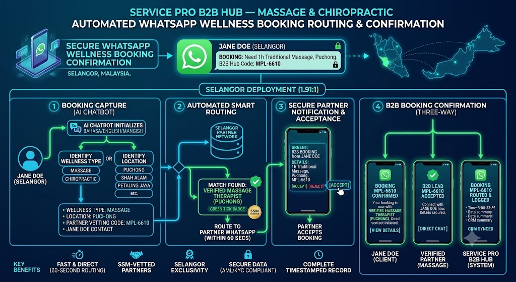 Secure WhatsApp wellness booking confirmation for a massage therapist or chiropractor in Malaysia — Service Pro Wellness Hub automated routing process Klang Valley