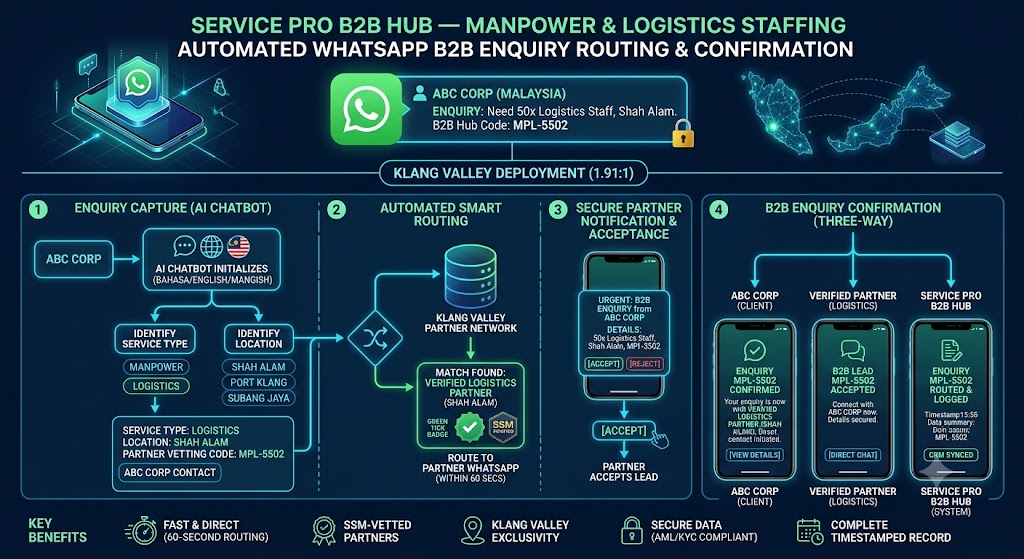 Secure WhatsApp B2B enquiry confirmation for a manpower or logistics staffing partner in Malaysia — Service Pro B2B Hub automated routing process Klang Valley