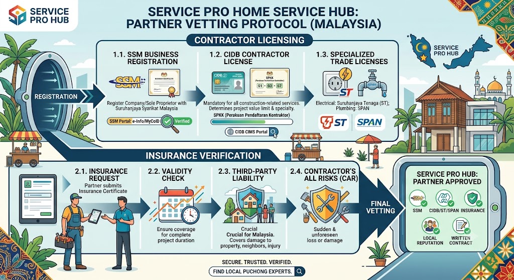 Home service contractor licensing and insurance verification process Malaysia — Service Pro Home Service Hub partner vetting protocol