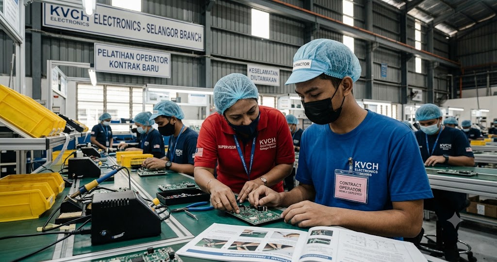 supervisor training a newly deployed contract assembly operator in selangor
