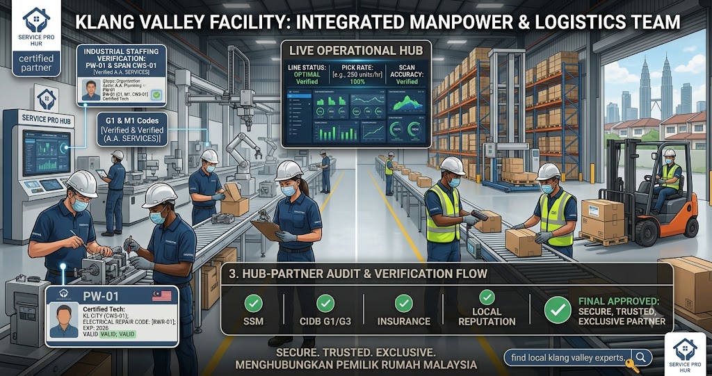 Verified industrial manpower and logistics staffing team at a Klang Valley facility Malaysia — Service Pro B2B Hub